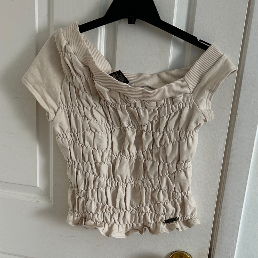 Baby Phat Cream Smocked Off-Shoulder Y2K Top